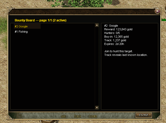 In-game bounty board showing Google bounty with gold rewards and tracking details.