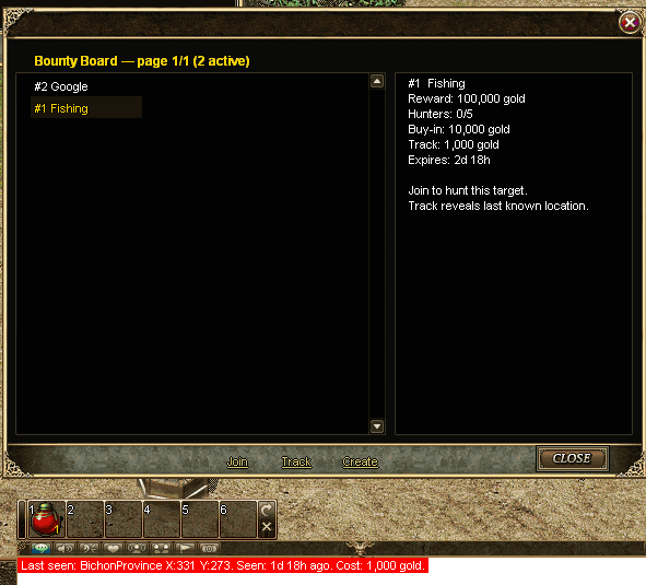 Screenshot of Mir Vengeance bounty board showing fishing bounty details.