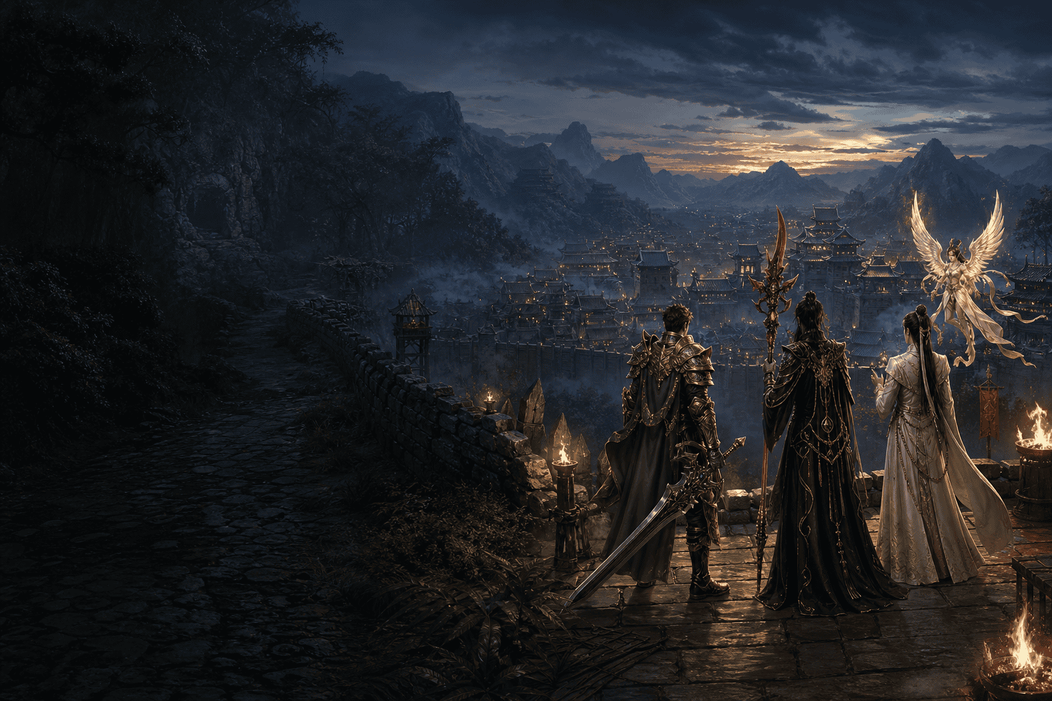 Epic fantasy scene with warriors overlooking a mystical city at sunset.